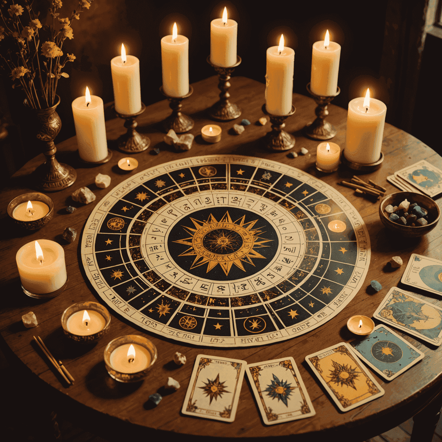 Ein Tisch mit einem ausgebreiteten Tarot-Legesystem. Die Karten sind in einem Kreis angeordnet, in der Mitte steht eine leuchtende Kristallkugel. Kerzen und Räucherstäbchen umgeben die Szene, die in warmes, goldenes Licht getaucht ist.